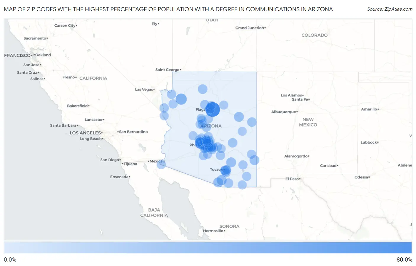 Zip Codes with the Highest Percentage of Population with a Degree in Communications in Arizona Map