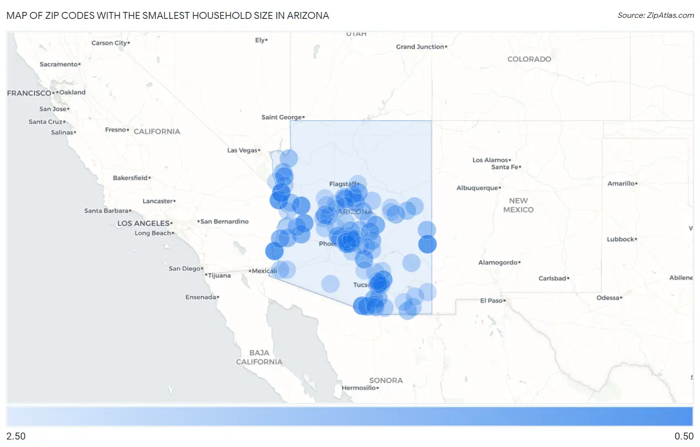 Zip Codes with the Smallest Household Size in Arizona Map