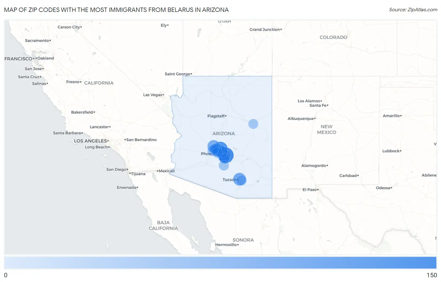 Zip Codes with the Most Immigrants from Belarus in Arizona Map