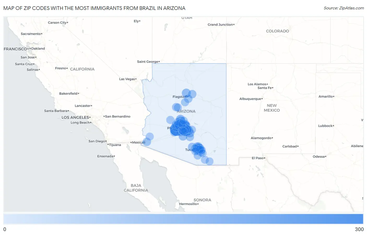 Zip Codes with the Most Immigrants from Brazil in Arizona Map