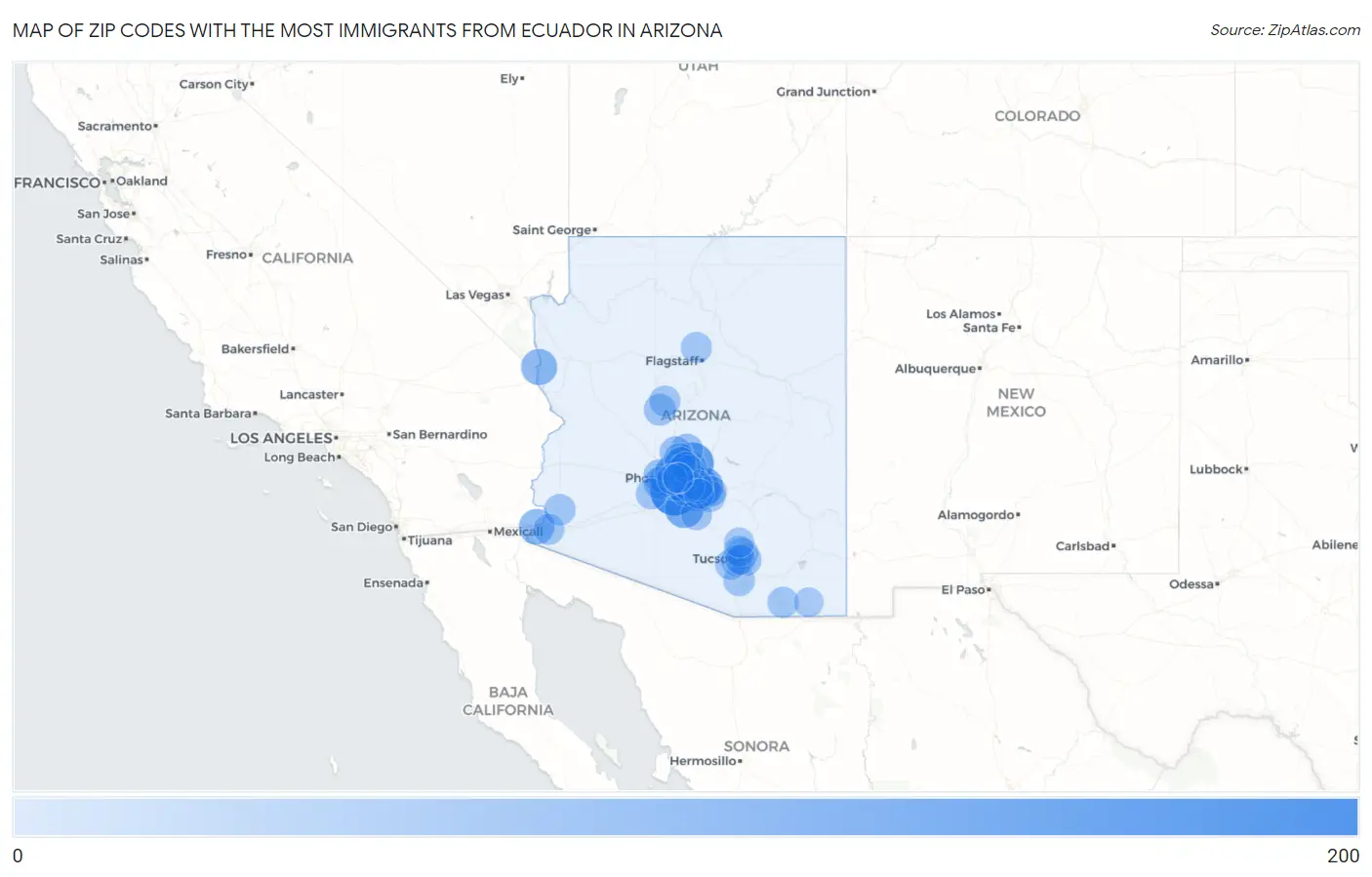 Zip Codes with the Most Immigrants from Ecuador in Arizona Map
