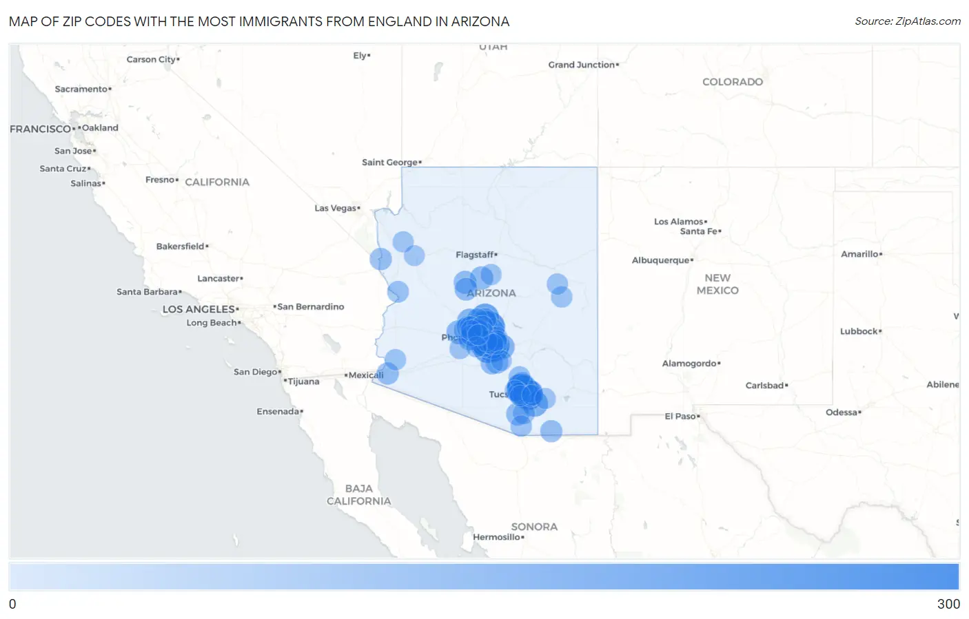 Zip Codes with the Most Immigrants from England in Arizona Map