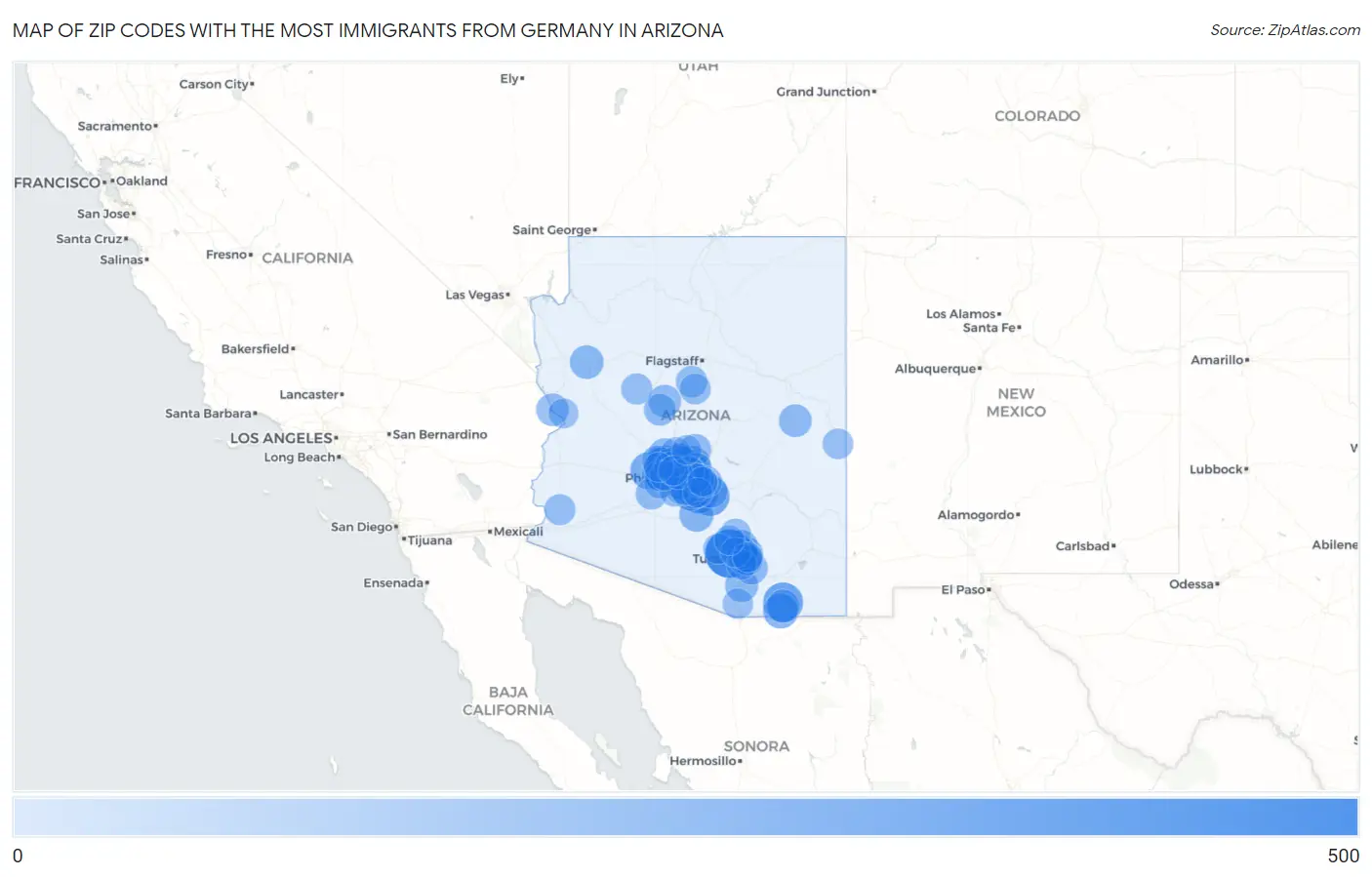 Zip Codes with the Most Immigrants from Germany in Arizona Map
