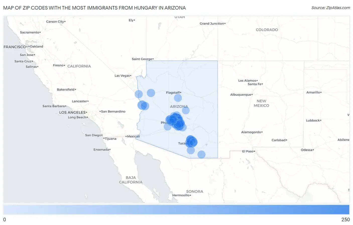 Zip Codes with the Most Immigrants from Hungary in Arizona Map