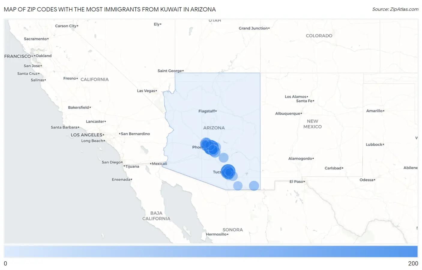 Zip Codes with the Most Immigrants from Kuwait in Arizona Map