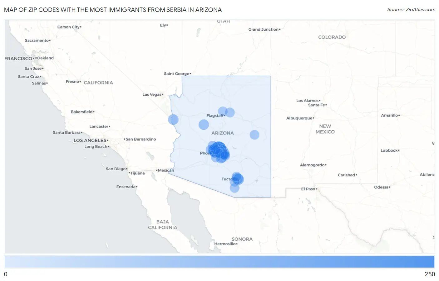 Zip Codes with the Most Immigrants from Serbia in Arizona Map