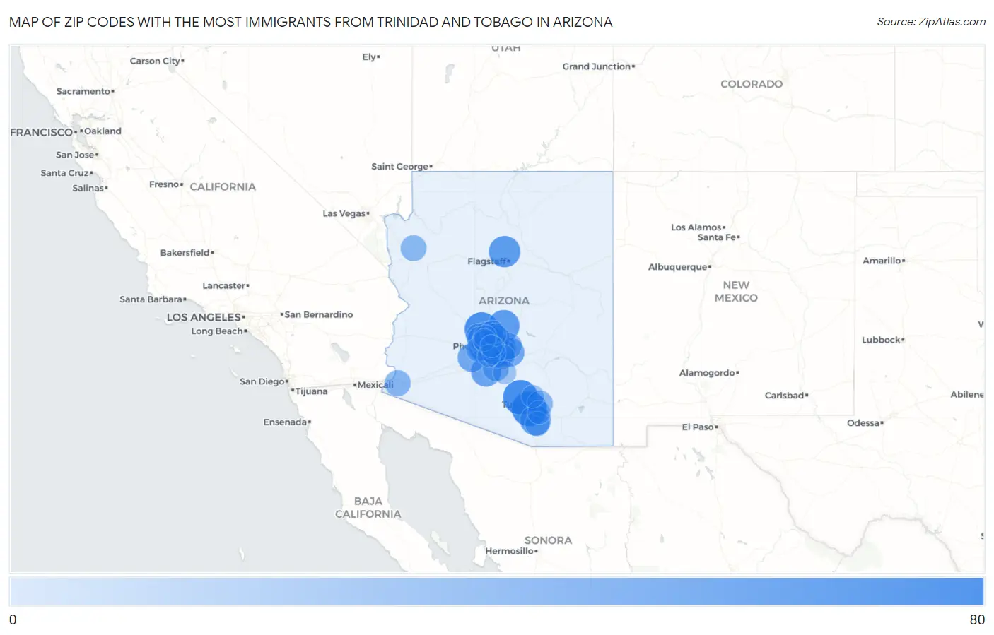 Zip Codes with the Most Immigrants from Trinidad and Tobago in Arizona Map
