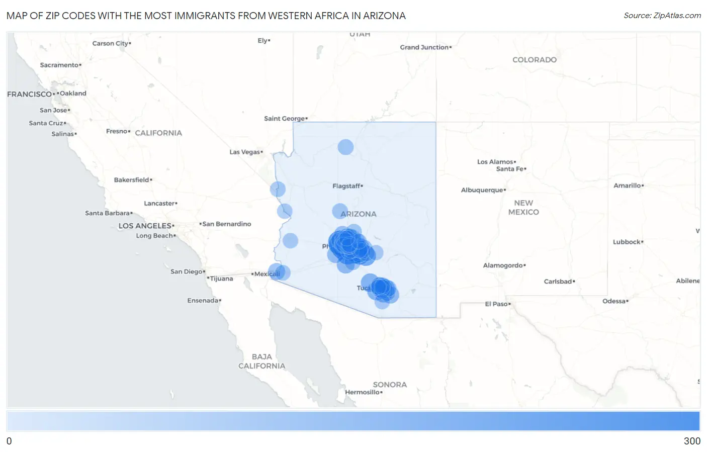 Zip Codes with the Most Immigrants from Western Africa in Arizona Map