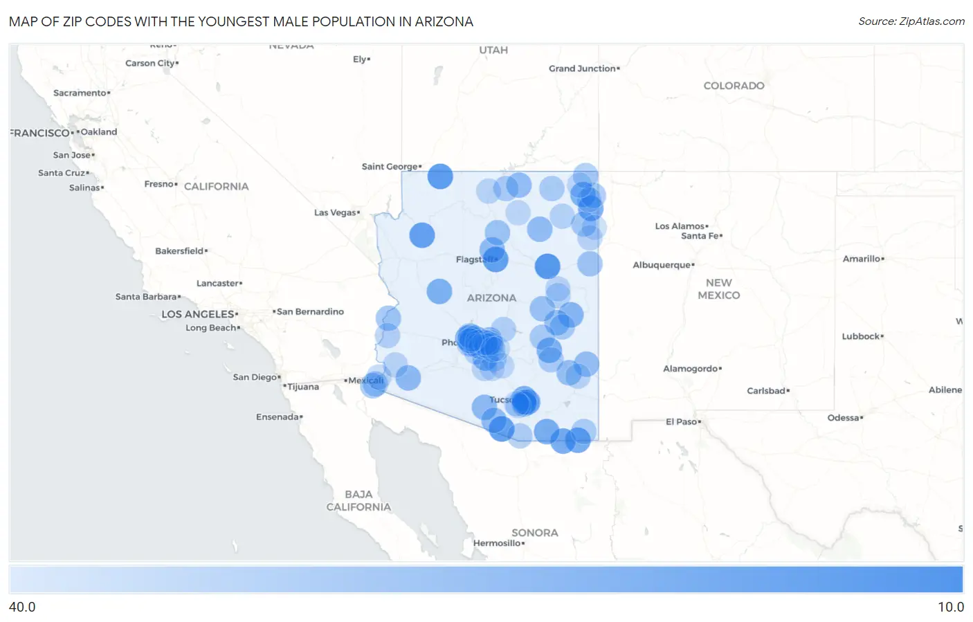 Zip Codes with the Youngest Male Population in Arizona Map