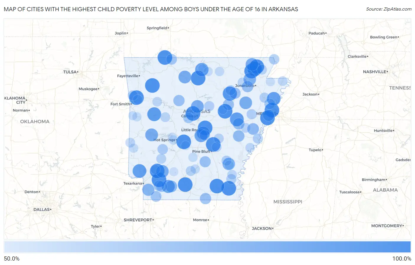 Cities with the Highest Child Poverty Level Among Boys Under the Age of 16 in Arkansas Map