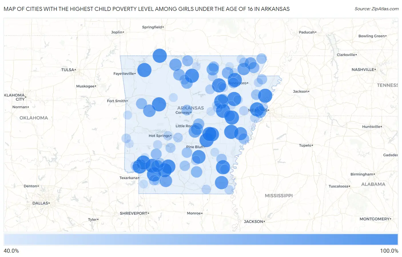 Cities with the Highest Child Poverty Level Among Girls Under the Age of 16 in Arkansas Map