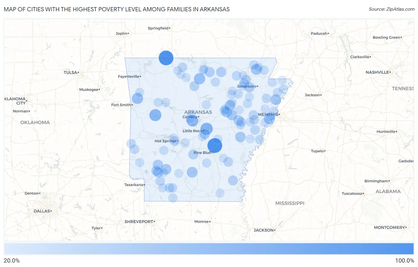 Cities with the Highest Poverty Level Among Families in Arkansas Map