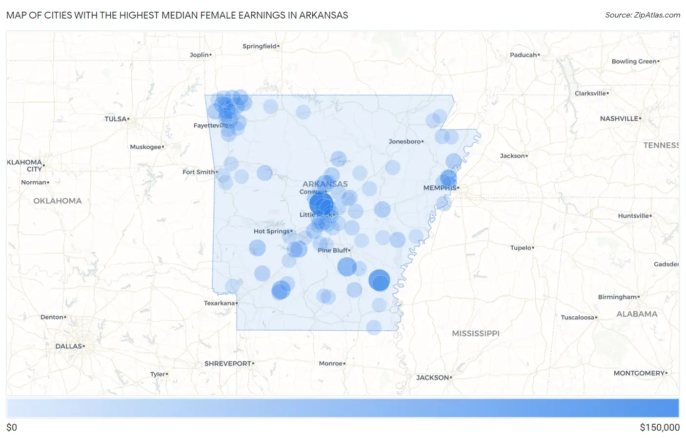 Cities with the Highest Median Female Earnings in Arkansas Map