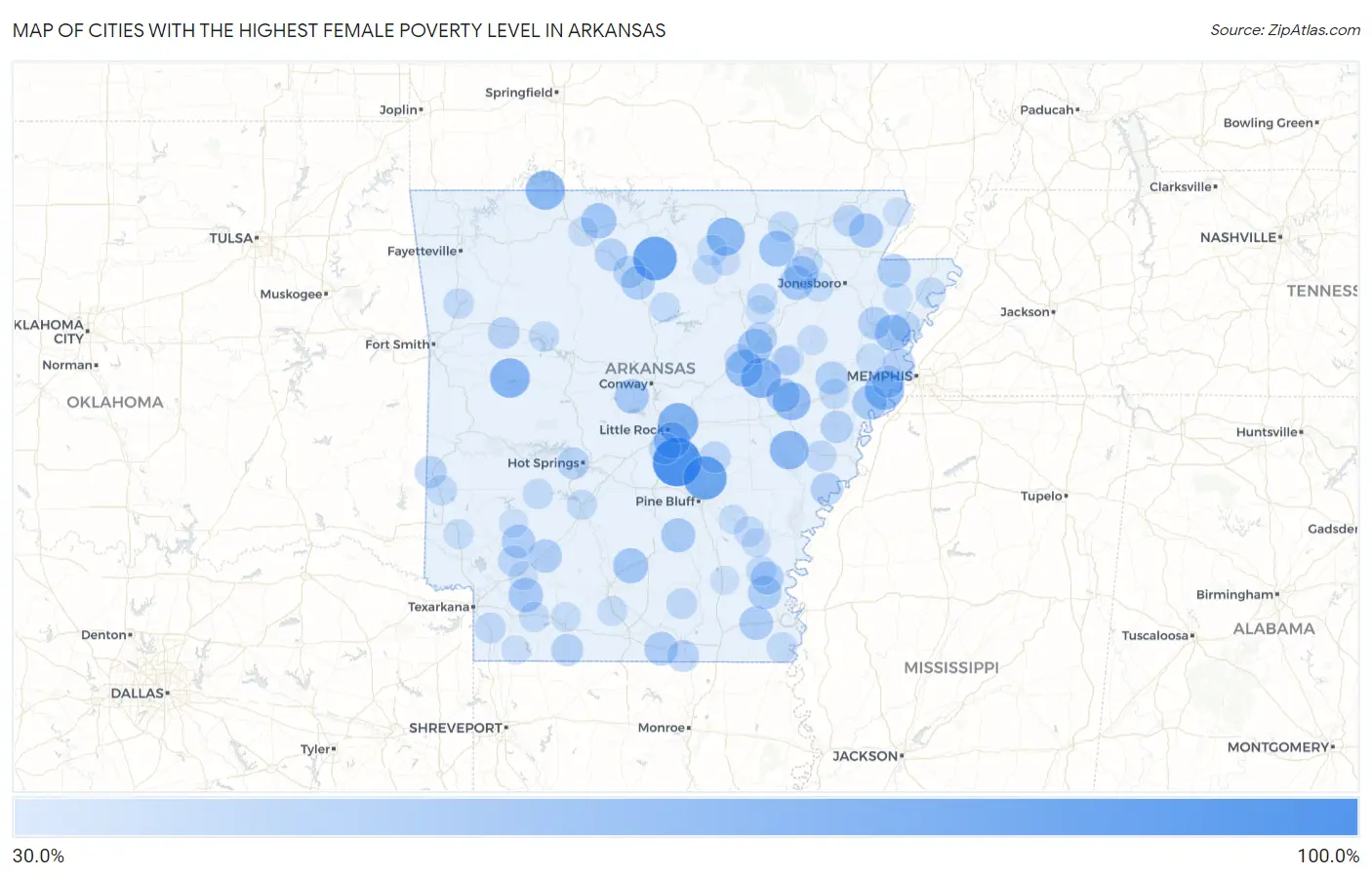 Cities with the Highest Female Poverty Level in Arkansas Map
