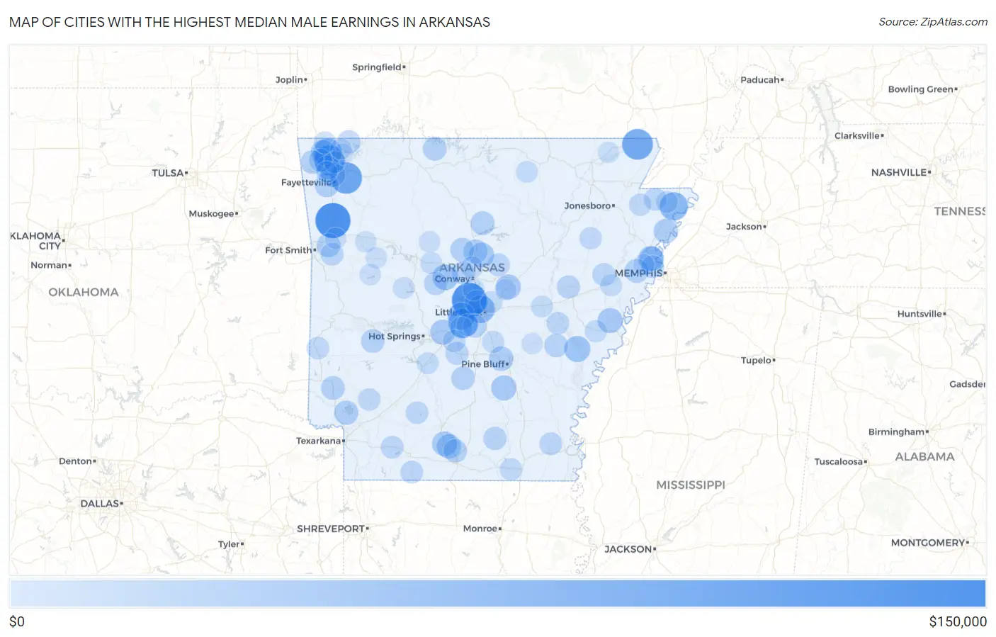 Cities with the Highest Median Male Earnings in Arkansas Map