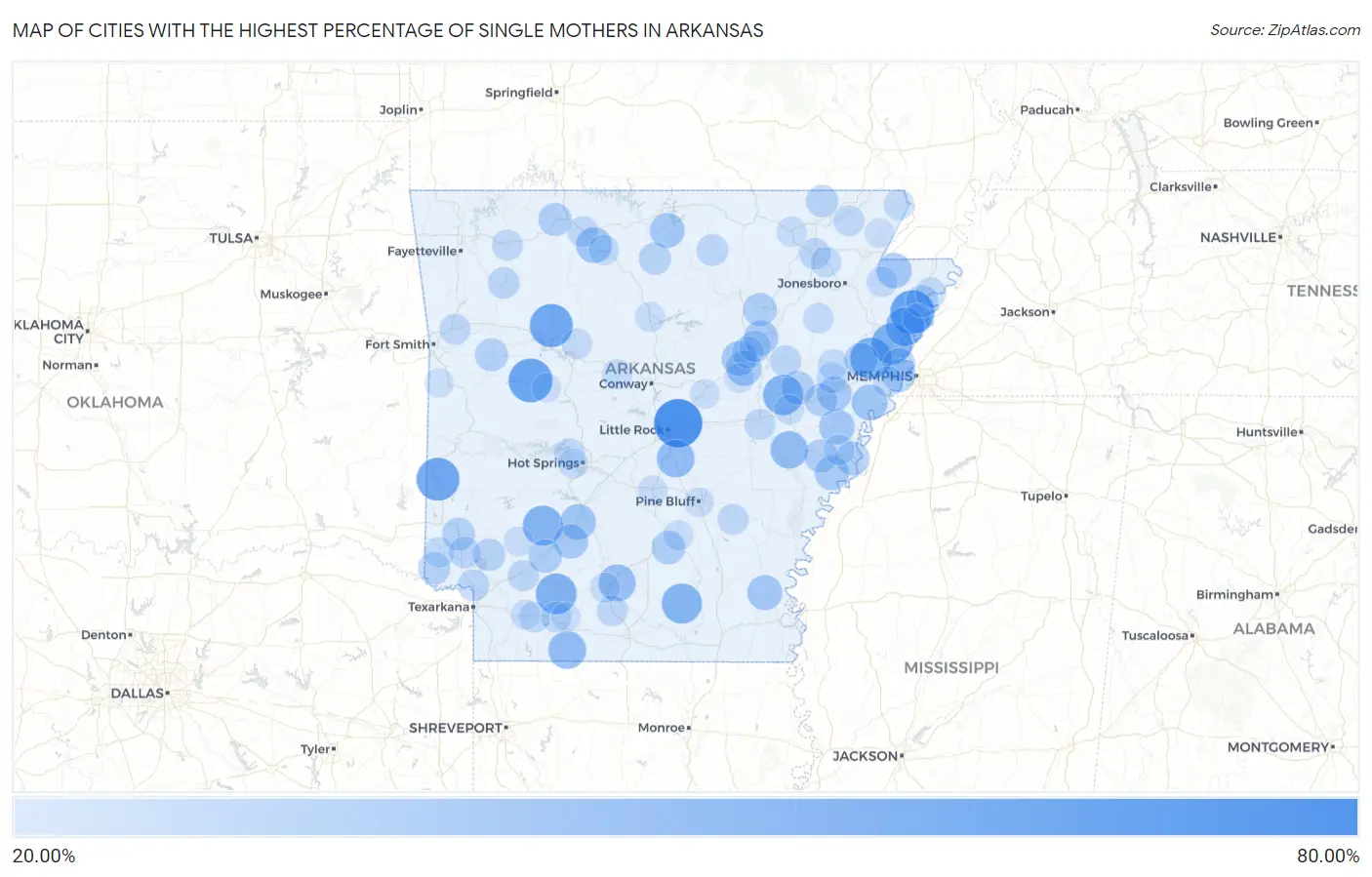Cities with the Highest Percentage of Single Mothers in Arkansas Map