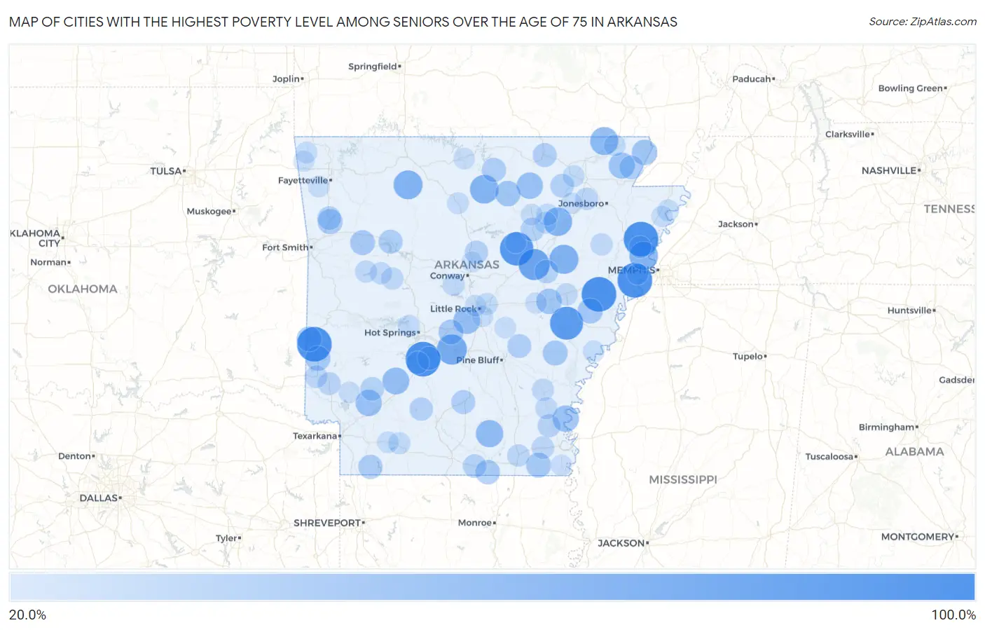 Cities with the Highest Poverty Level Among Seniors Over the Age of 75 in Arkansas Map