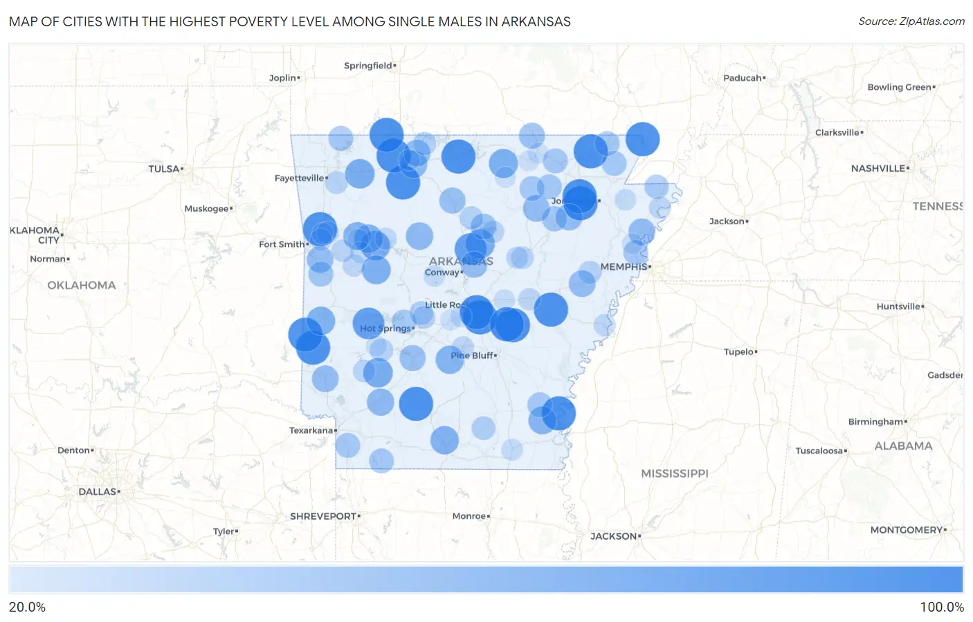 Cities with the Highest Poverty Level Among Single Males in Arkansas Map