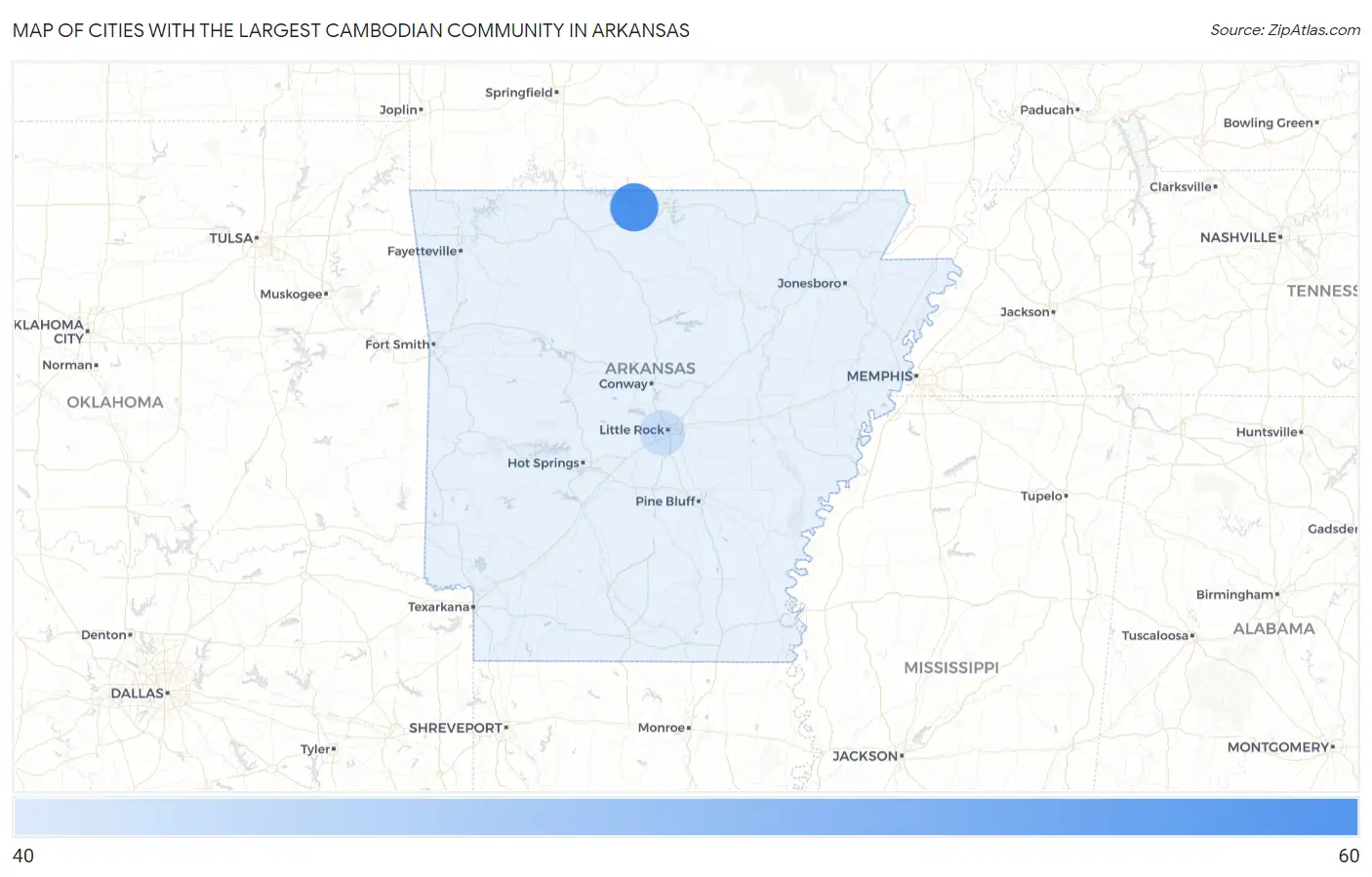 Cities with the Largest Cambodian Community in Arkansas Map