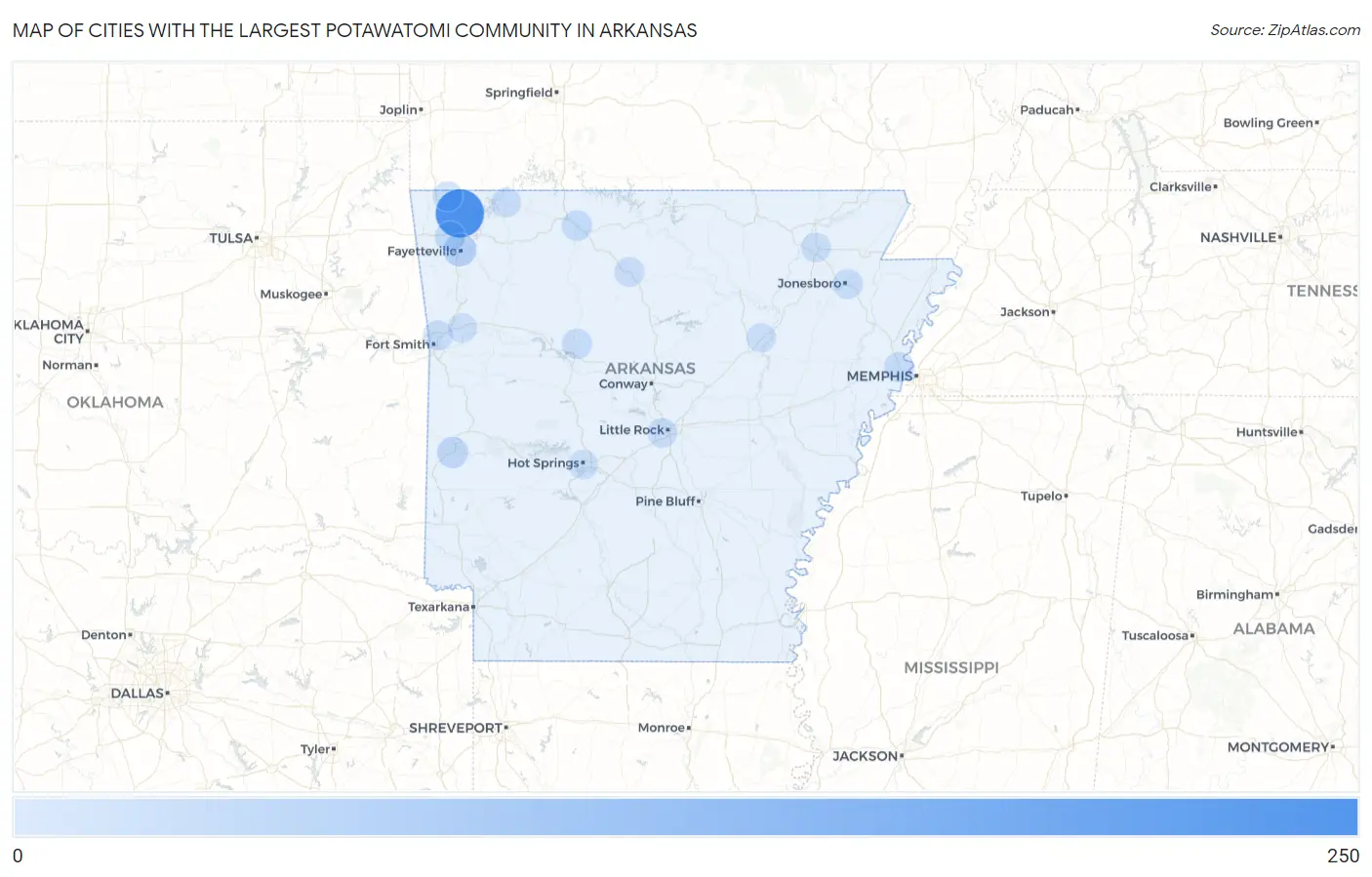 Cities with the Largest Potawatomi Community in Arkansas Map