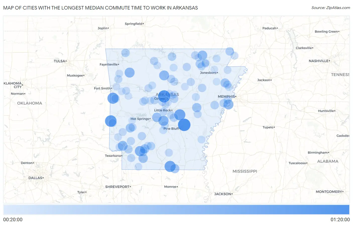 Cities with the Longest Median Commute Time to Work in Arkansas Map