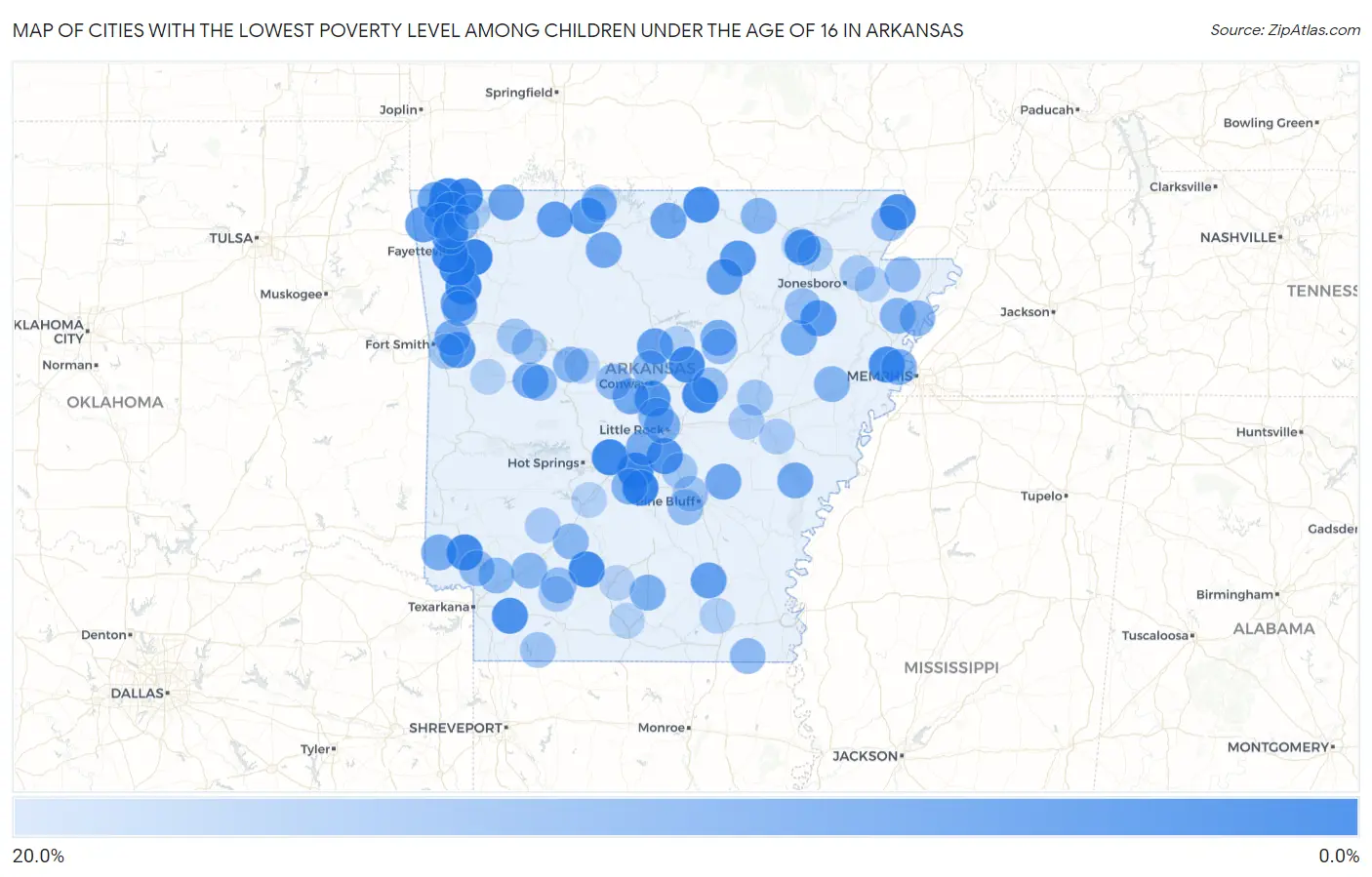 Cities with the Lowest Poverty Level Among Children Under the Age of 16 in Arkansas Map