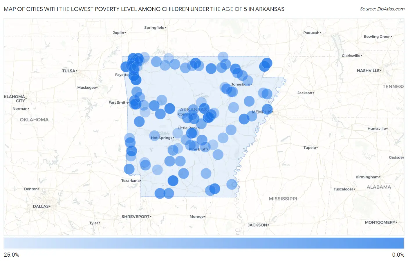Cities with the Lowest Poverty Level Among Children Under the Age of 5 in Arkansas Map