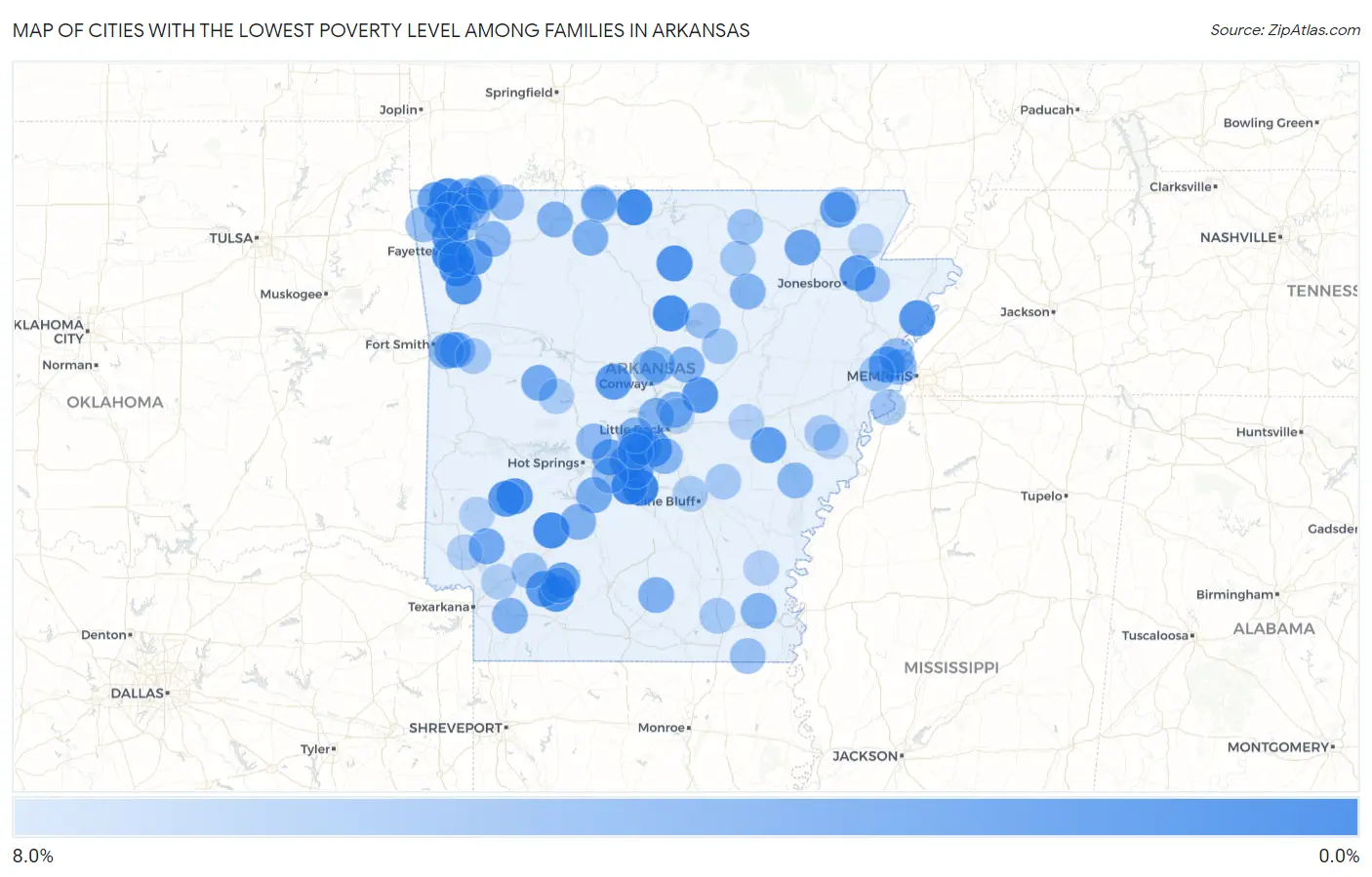 Cities with the Lowest Poverty Level Among Families in Arkansas Map