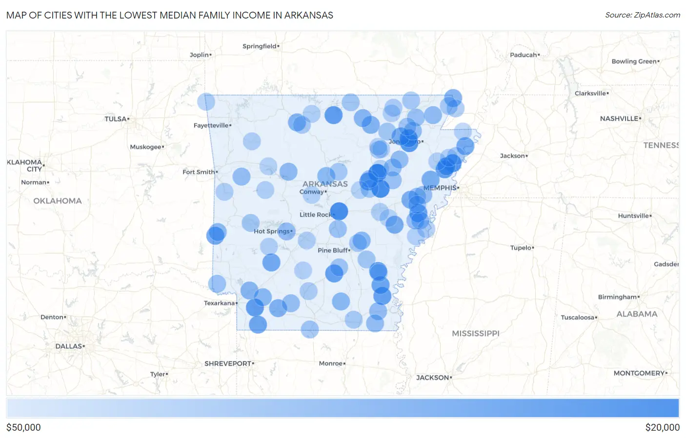 Cities with the Lowest Median Family Income in Arkansas Map