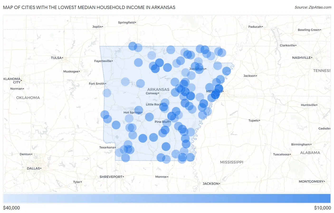 Cities with the Lowest Median Household Income in Arkansas Map
