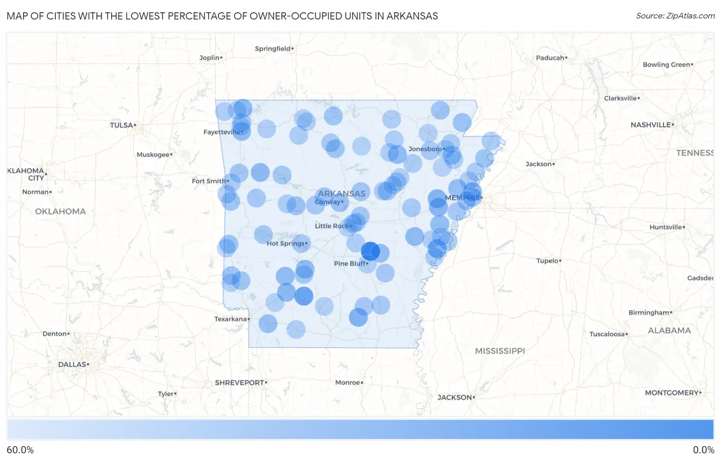 Cities with the Lowest Percentage of Owner-Occupied Units in Arkansas Map