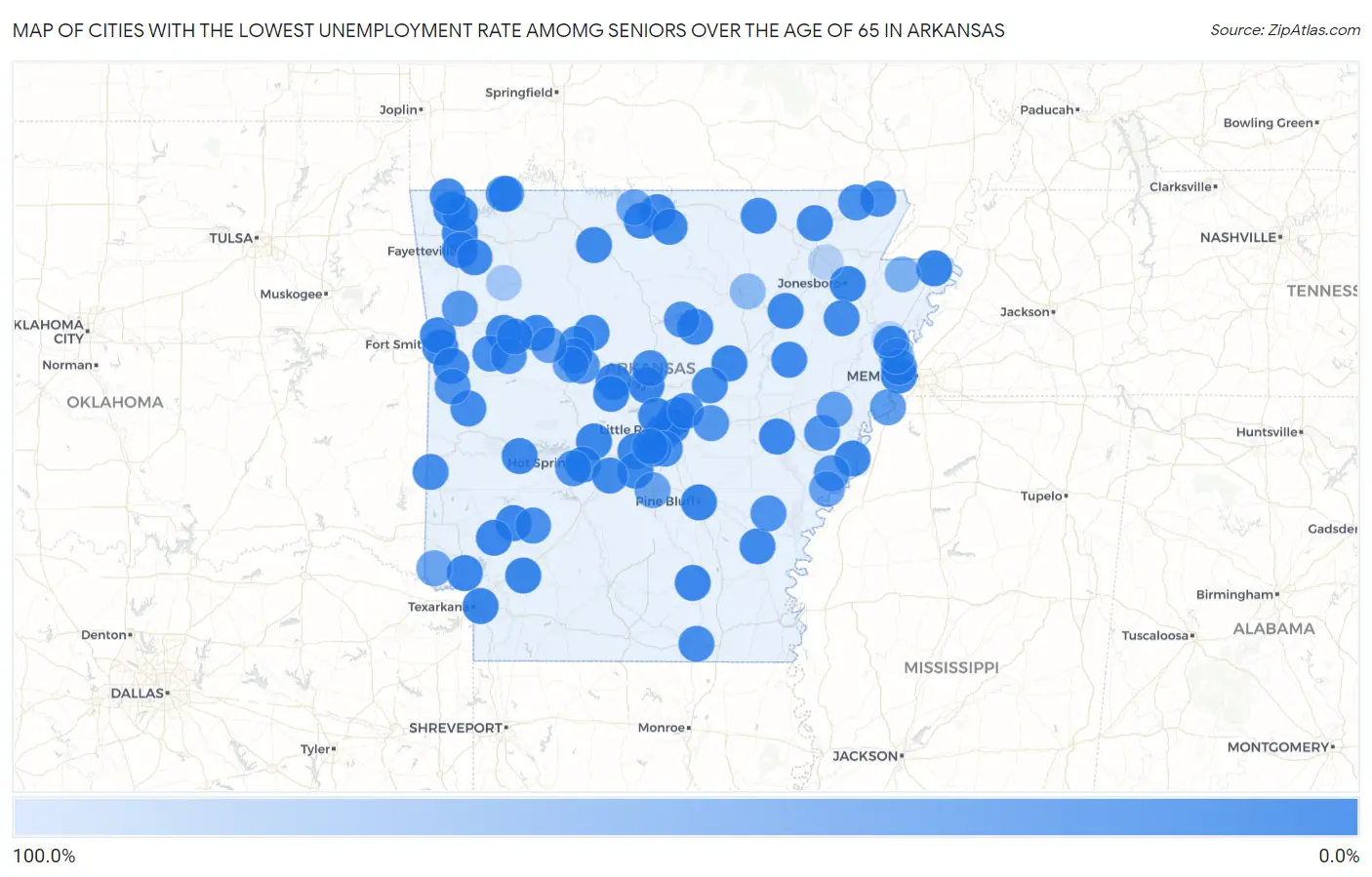 Cities with the Lowest Unemployment Rate Amomg Seniors Over the Age of 65 in Arkansas Map