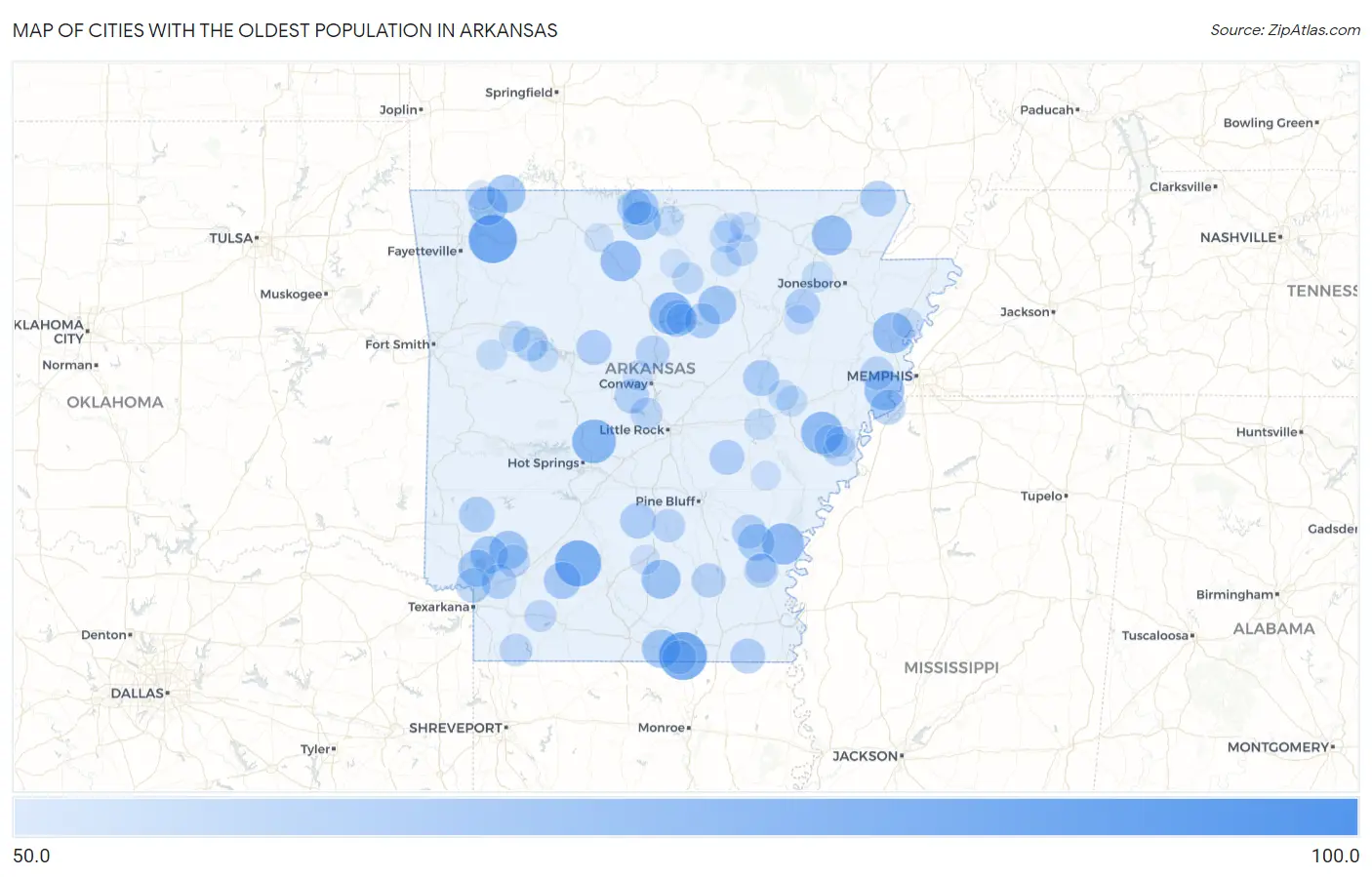 Cities with the Oldest Population in Arkansas Map