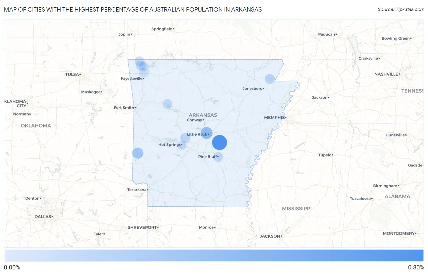 Cities with the Highest Percentage of Australian Population in Arkansas Map