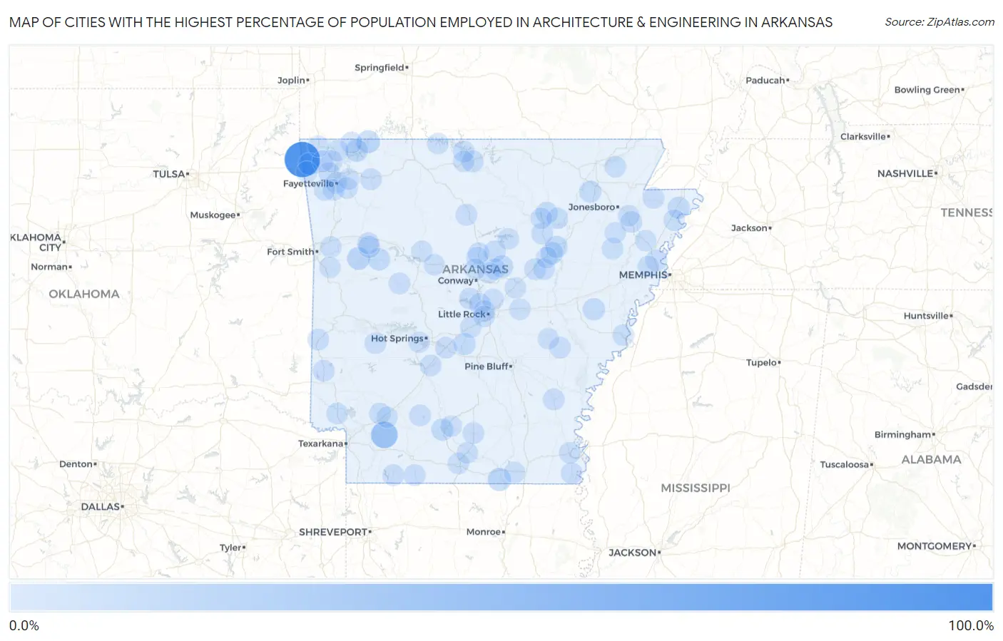 Cities with the Highest Percentage of Population Employed in Architecture & Engineering in Arkansas Map