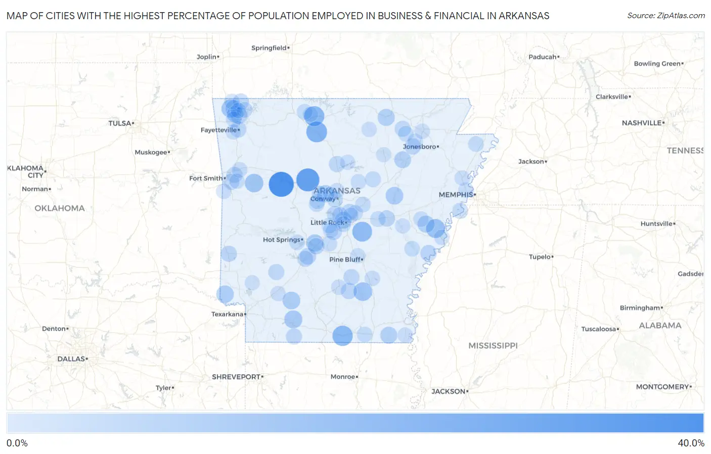 Cities with the Highest Percentage of Population Employed in Business & Financial in Arkansas Map