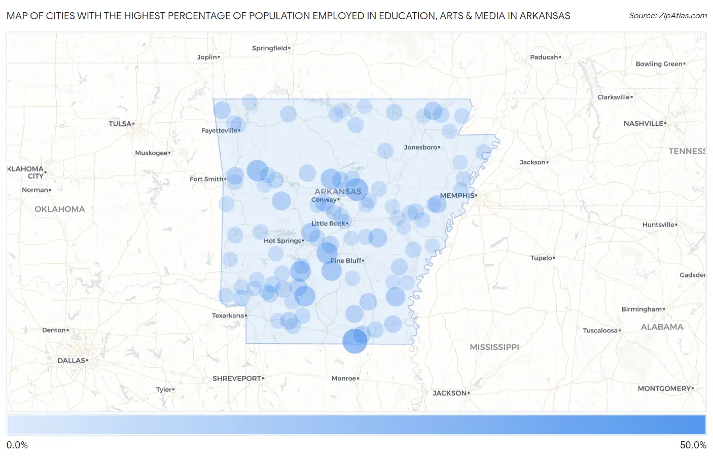Cities with the Highest Percentage of Population Employed in Education, Arts & Media in Arkansas Map