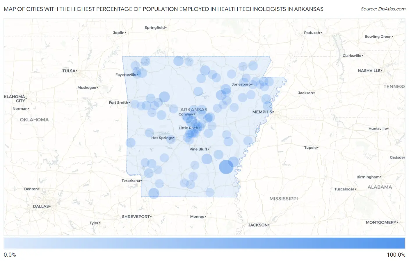 Cities with the Highest Percentage of Population Employed in Health Technologists in Arkansas Map