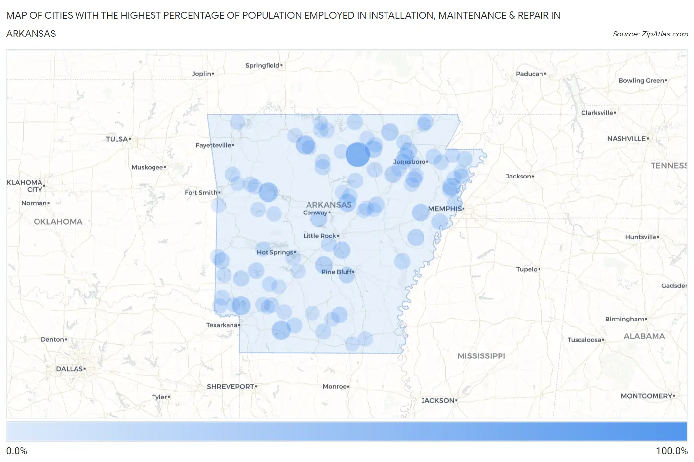Cities with the Highest Percentage of Population Employed in Installation, Maintenance & Repair in Arkansas Map