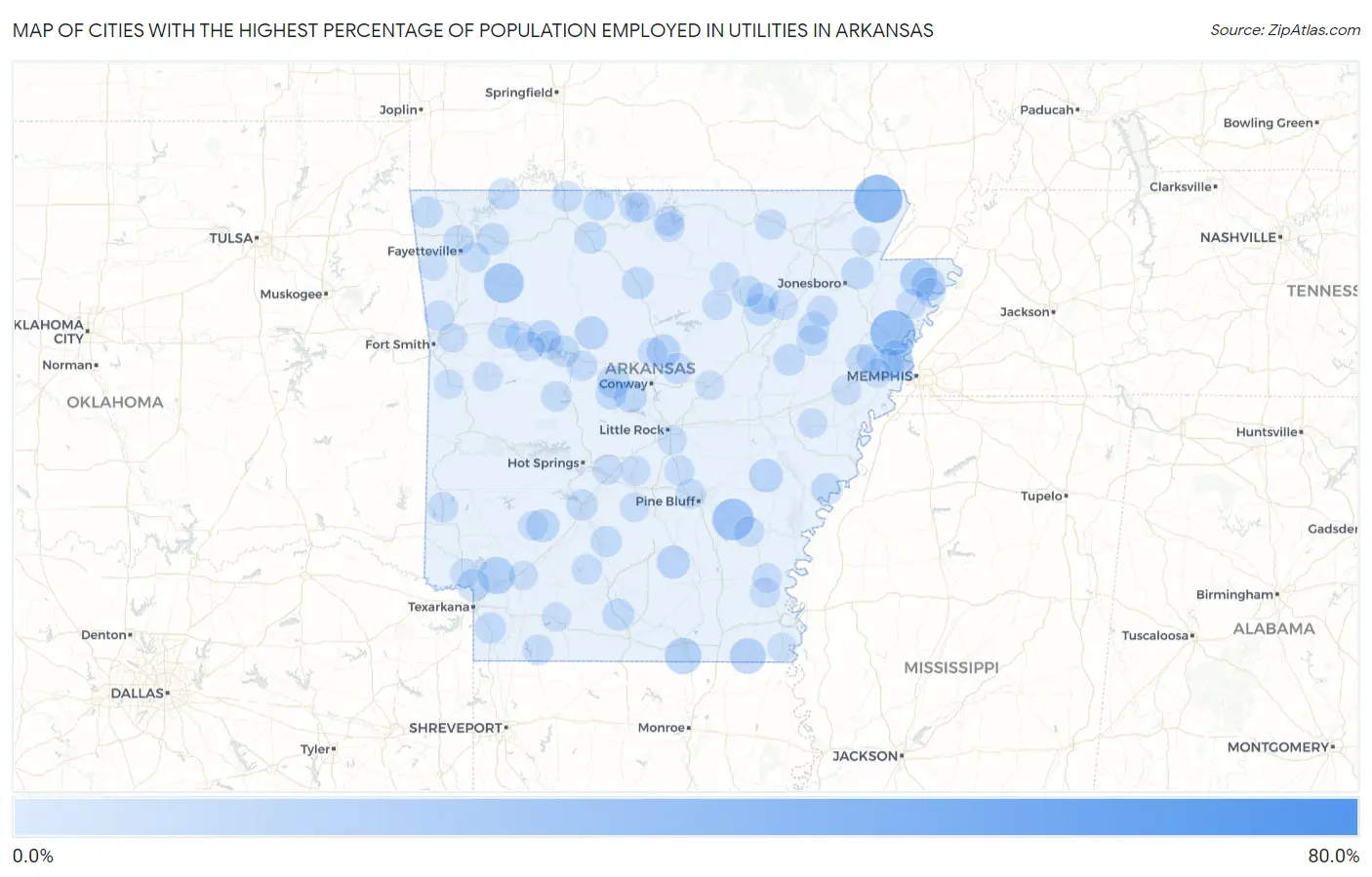 Cities with the Highest Percentage of Population Employed in Utilities in Arkansas Map