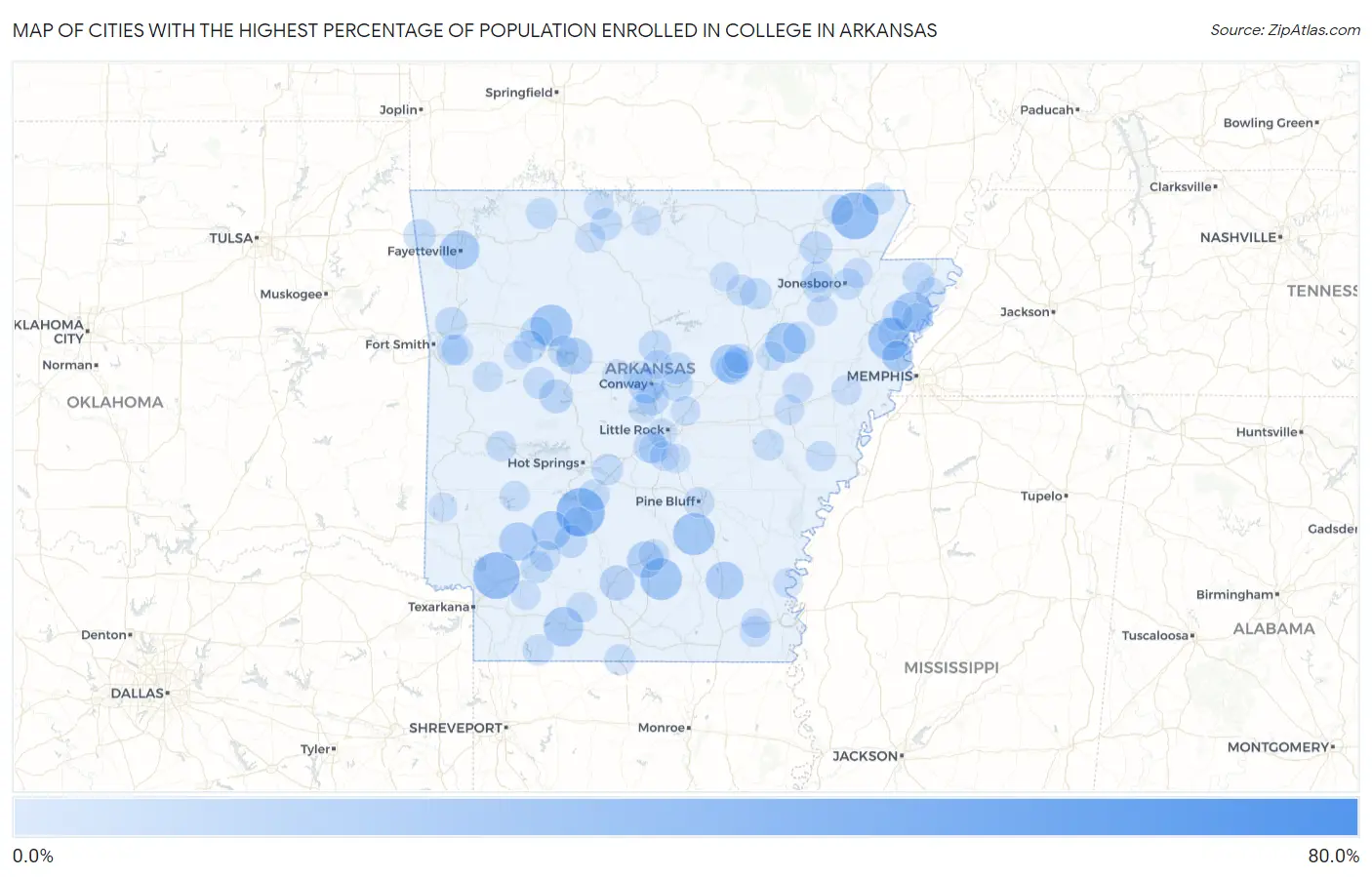 Cities with the Highest Percentage of Population Enrolled in College in Arkansas Map