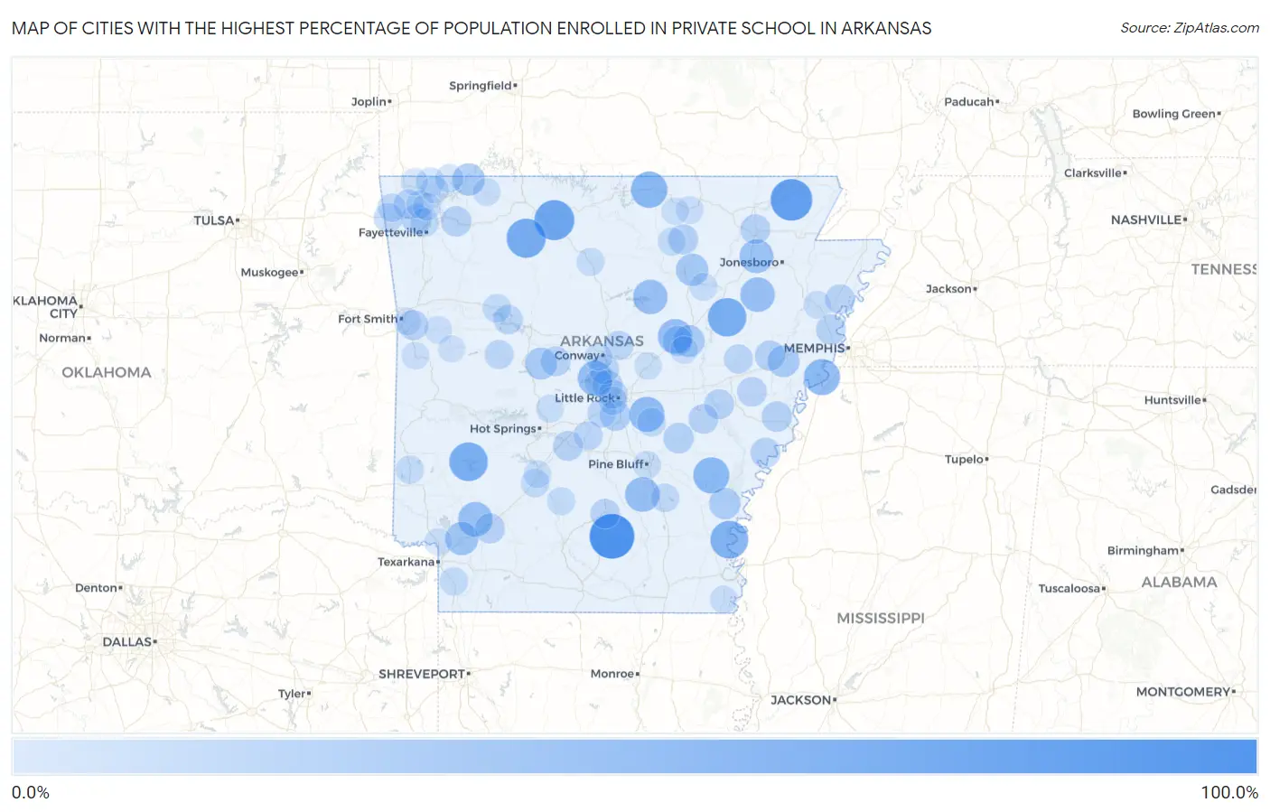 Cities with the Highest Percentage of Population Enrolled in Private School in Arkansas Map