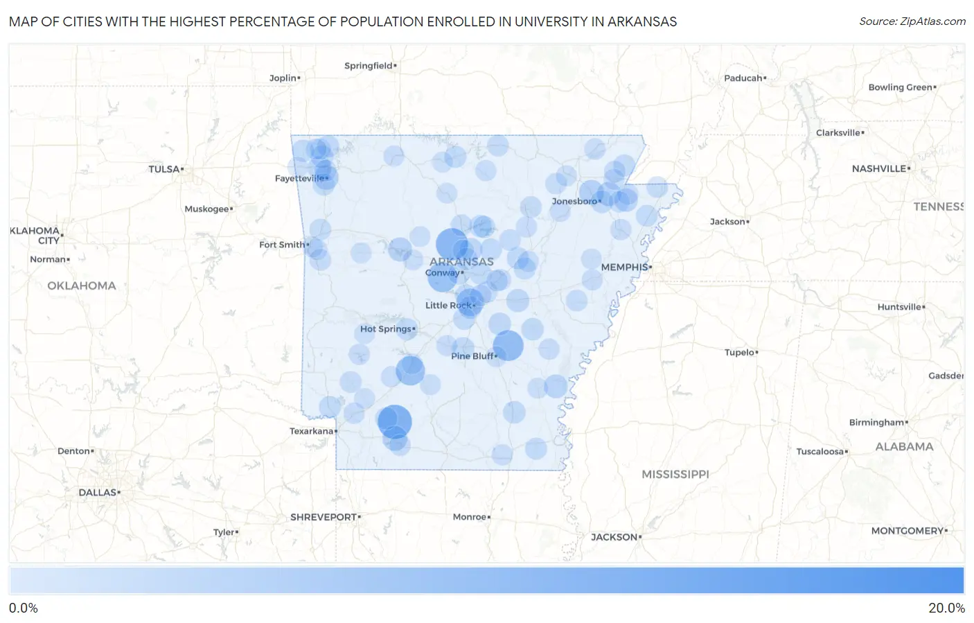 Cities with the Highest Percentage of Population Enrolled in University in Arkansas Map