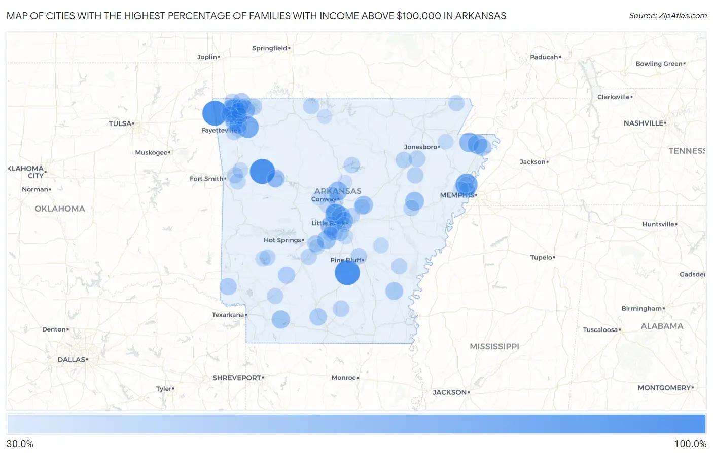Cities with the Highest Percentage of Families with Income Above $100,000 in Arkansas Map