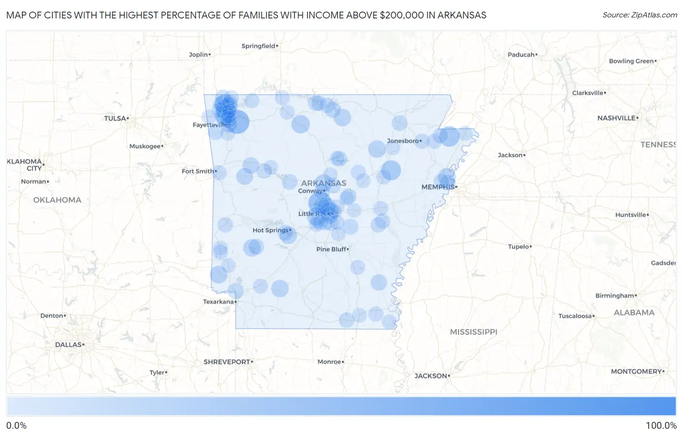 Cities with the Highest Percentage of Families with Income Above $200,000 in Arkansas Map