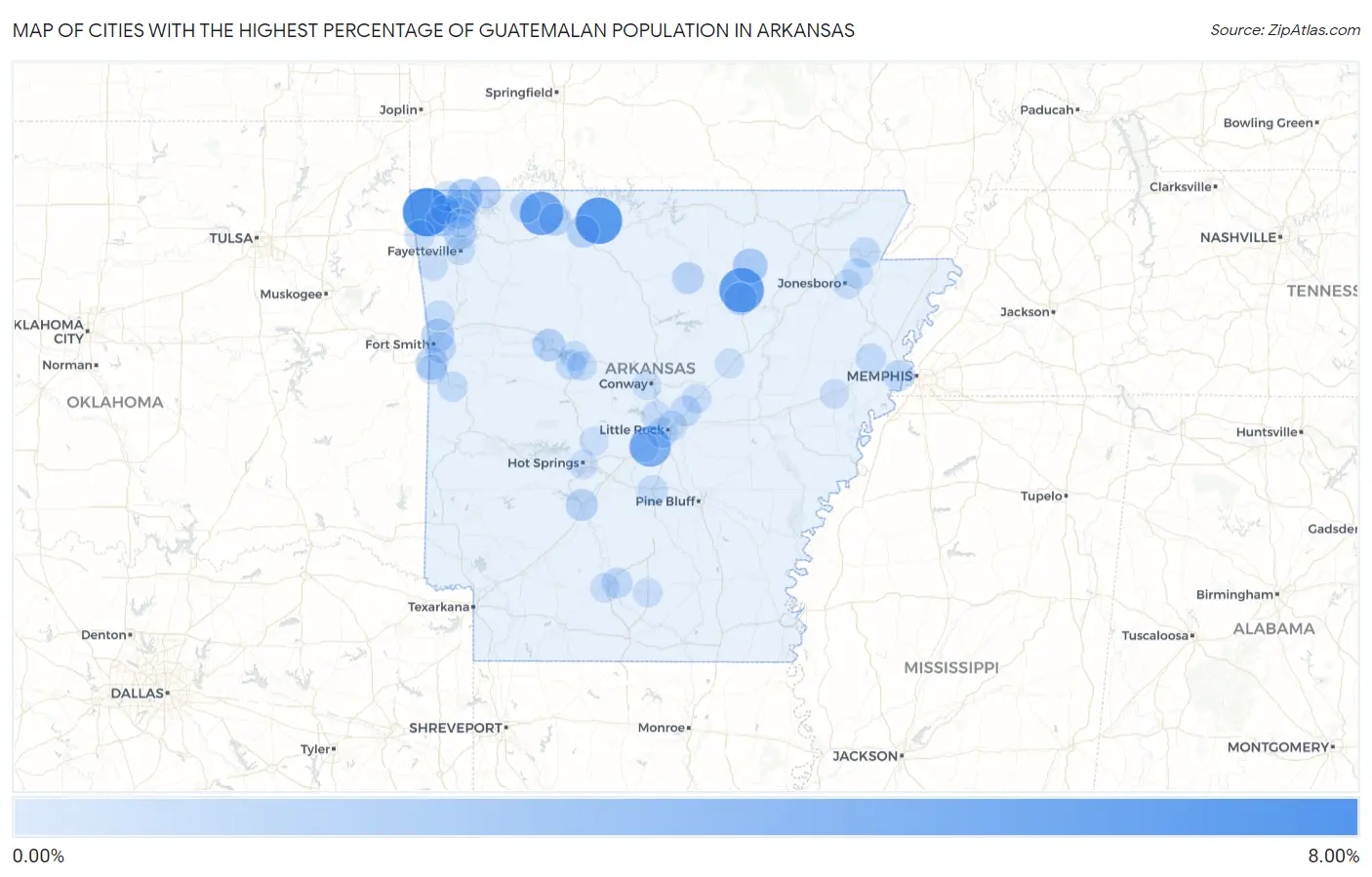 Cities with the Highest Percentage of Guatemalan Population in Arkansas Map