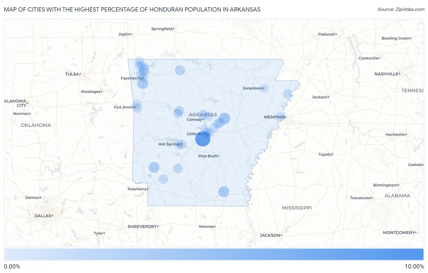 Cities with the Highest Percentage of Honduran Population in Arkansas Map