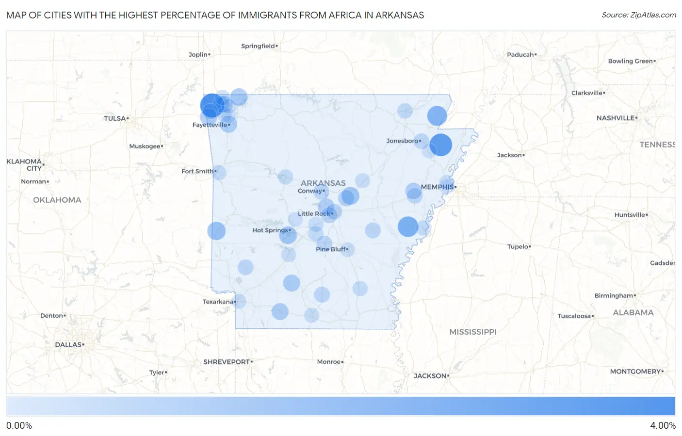 Cities with the Highest Percentage of Immigrants from Africa in Arkansas Map