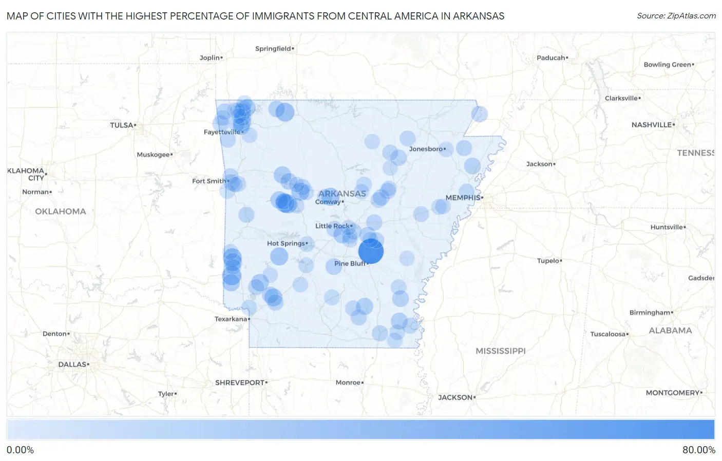 Cities with the Highest Percentage of Immigrants from Central America in Arkansas Map