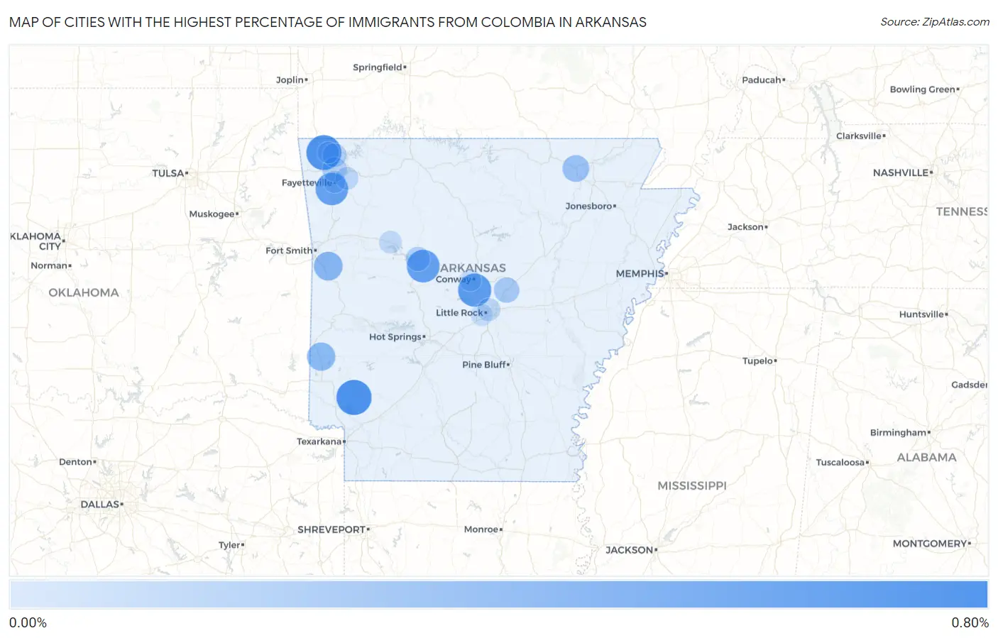 Cities with the Highest Percentage of Immigrants from Colombia in Arkansas Map